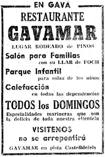 Anuncio del Restaurante Gavamar de Gav Mar publicado en el diario LA VANGUARDIA (2 de Diciembre de 1961)